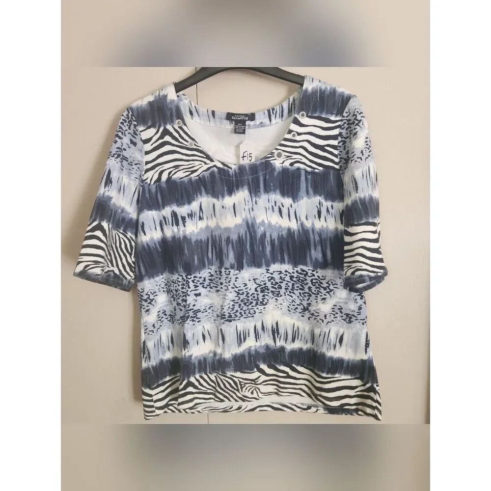 Canadian GraffitiโNavy Blue & White Mixed Animal- Zebra Print Short Sleeve shirt